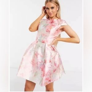 Chi Chi London Satin Floral Mini Dress in Pink Flare Skater Cap Sleeves Bloom